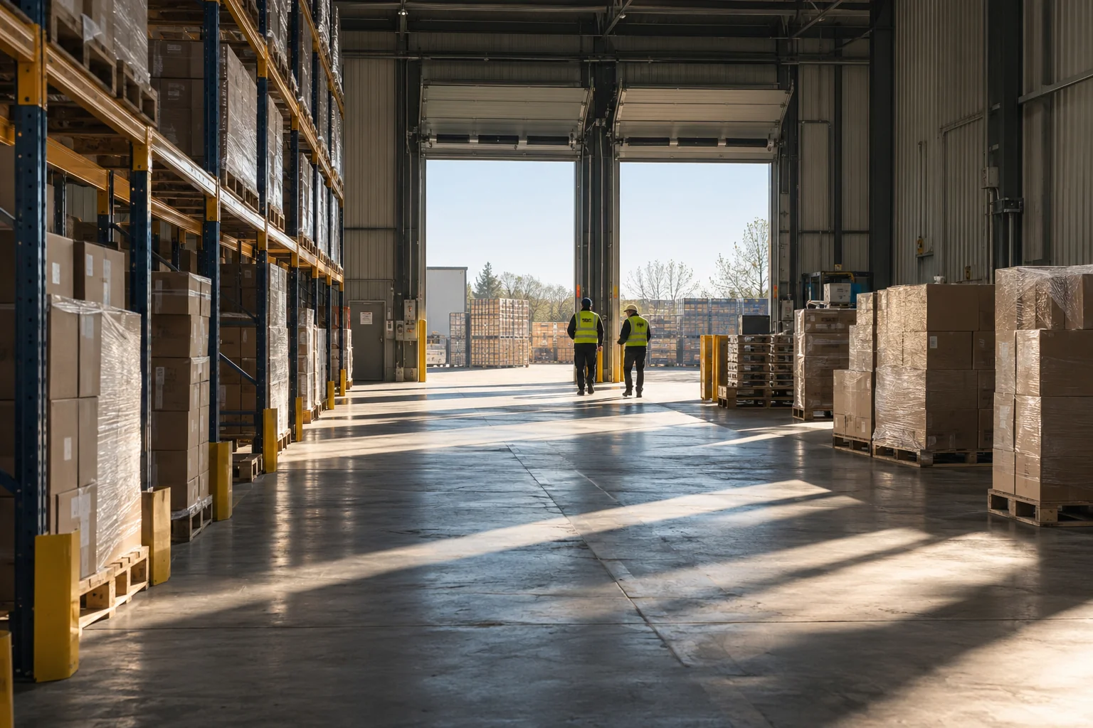 Daylight falls across warehouse aisles as logistics colleagues prepare outgoing goods.