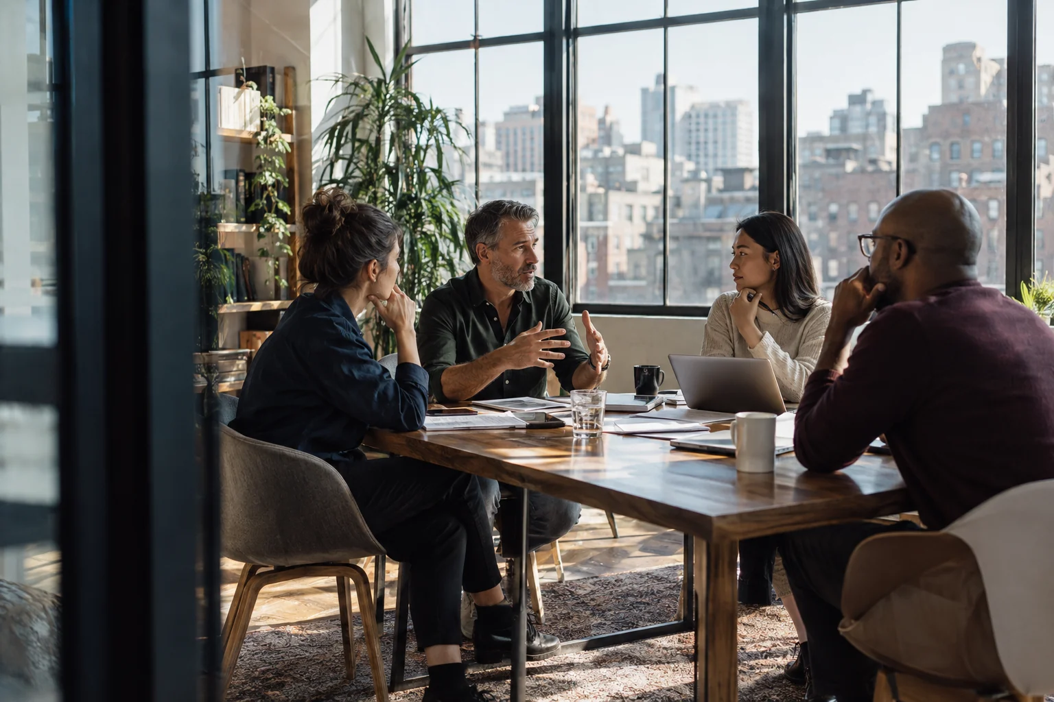 Colleagues plan together around a table in a bright office.
