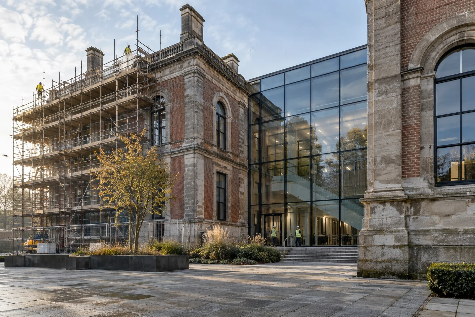 Scaffolding and restored brickwork reveal a building being renewed.