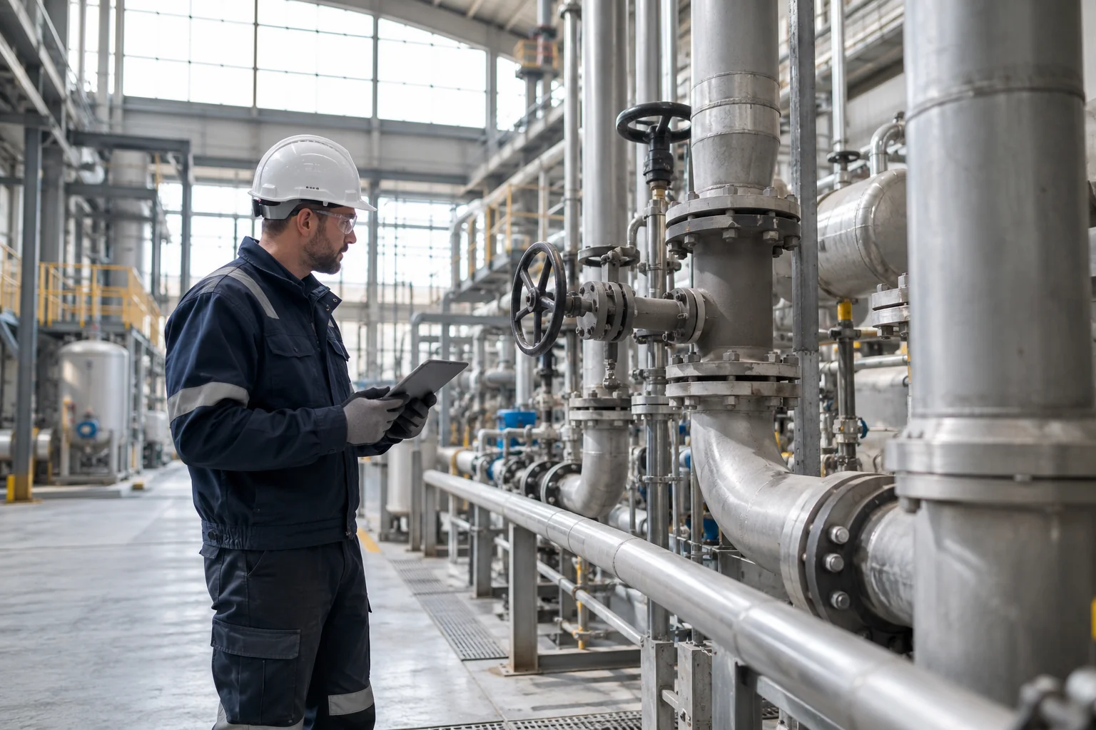An engineer in protective equipment inspects industrial pipes in natural window light.