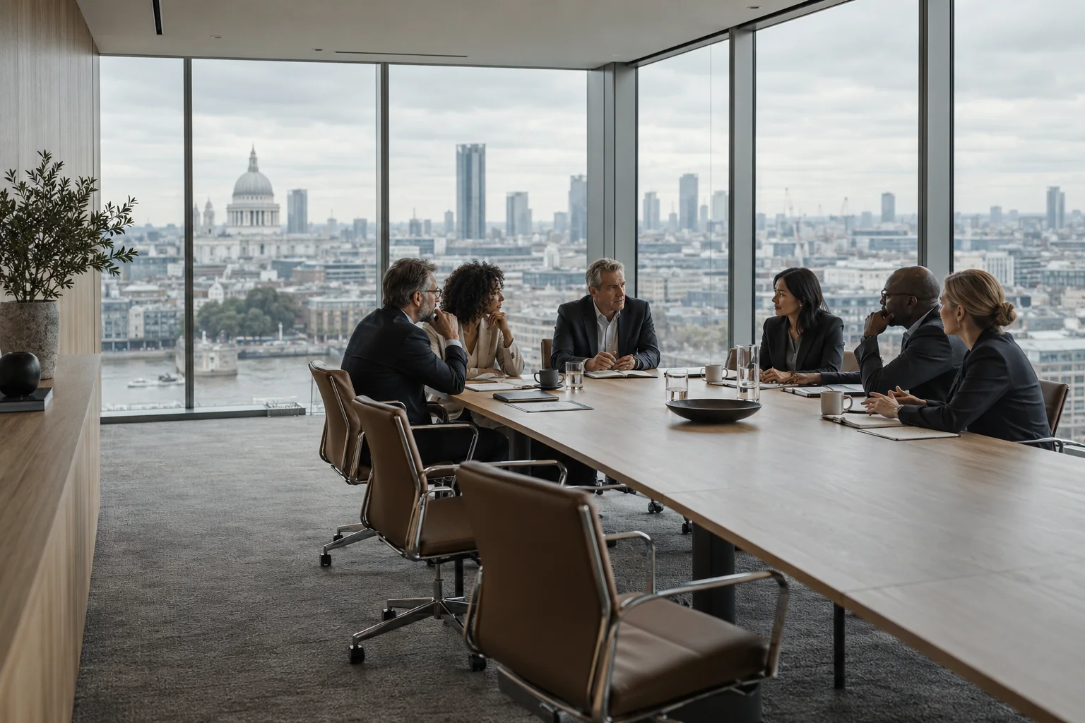 A small board listens thoughtfully during a meeting beside expansive windows.