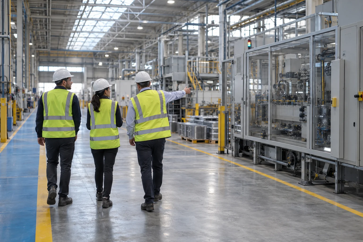 Three professionals walk through a large facility to assess its condition.