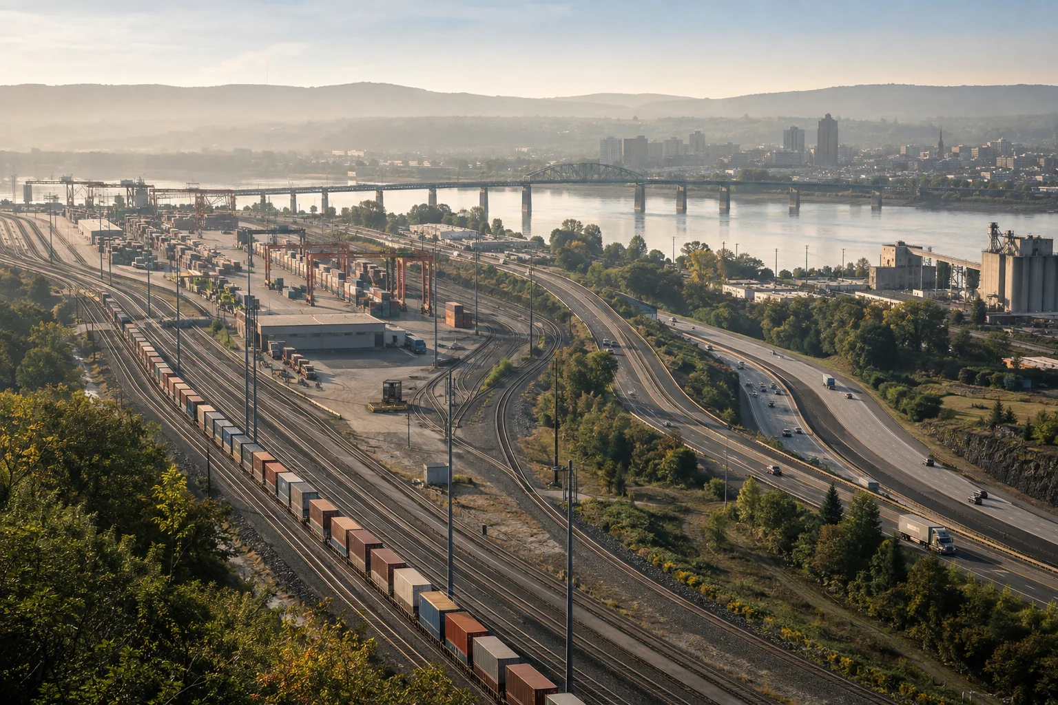 Rail lines, roads and a freight terminal connect across a wide infrastructure landscape.