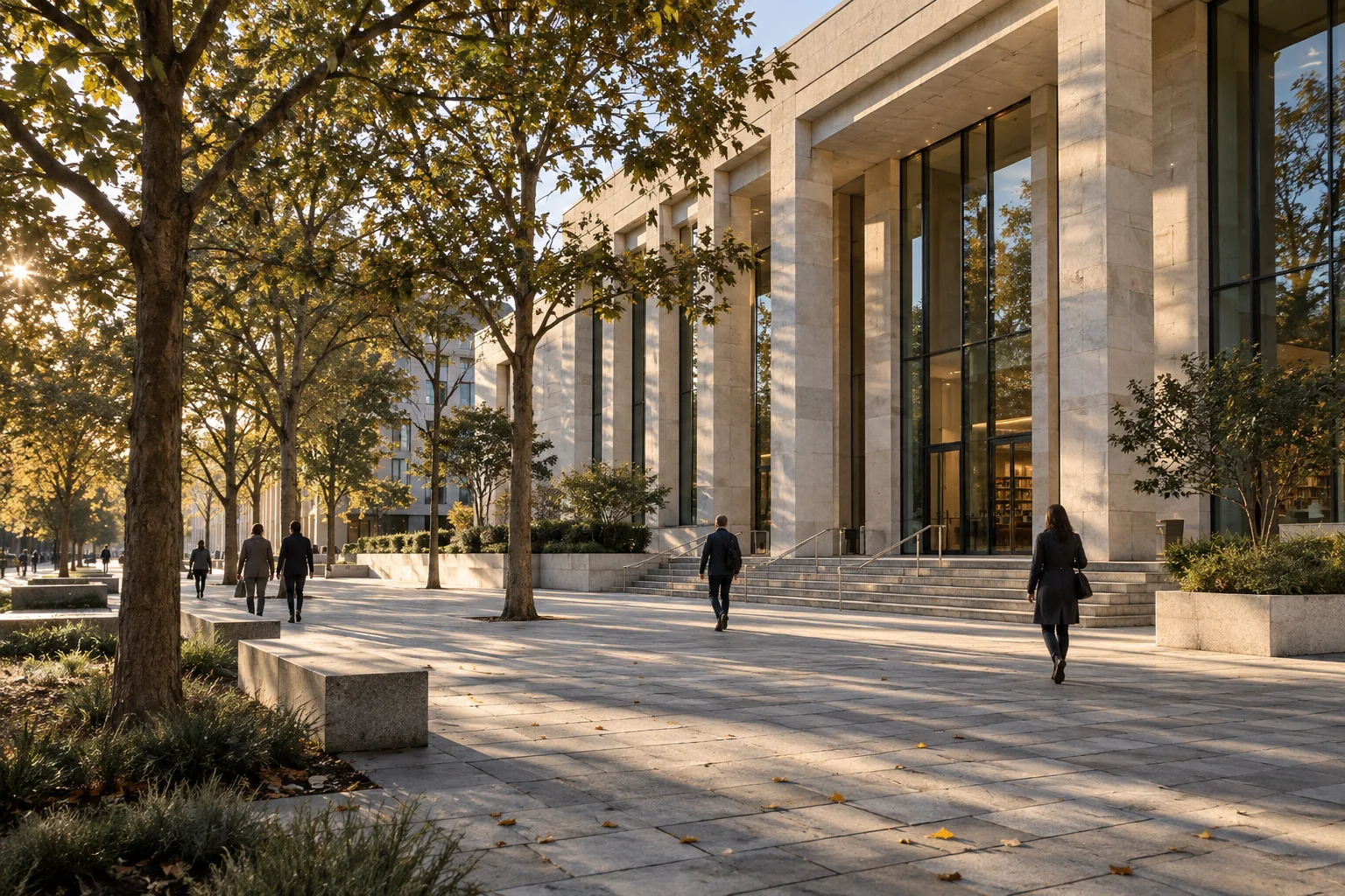 A dignified civic building faces a sunlit public plaza and trees.