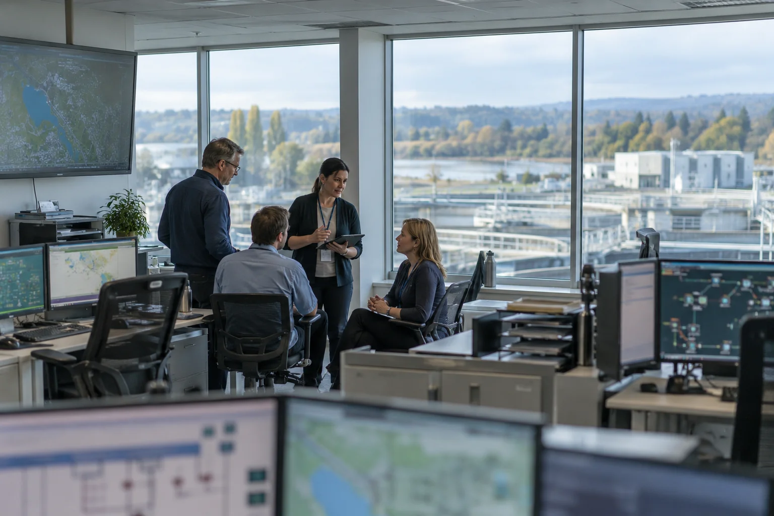 Colleagues coordinate calmly in a daylight-filled operations control room.