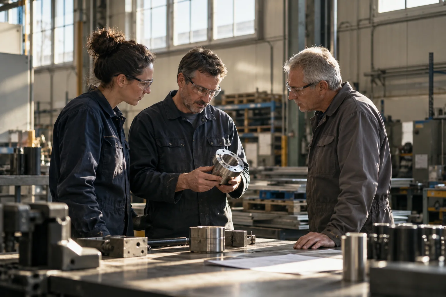 Skilled colleagues review a finished metal component at a sunlit factory workbench.