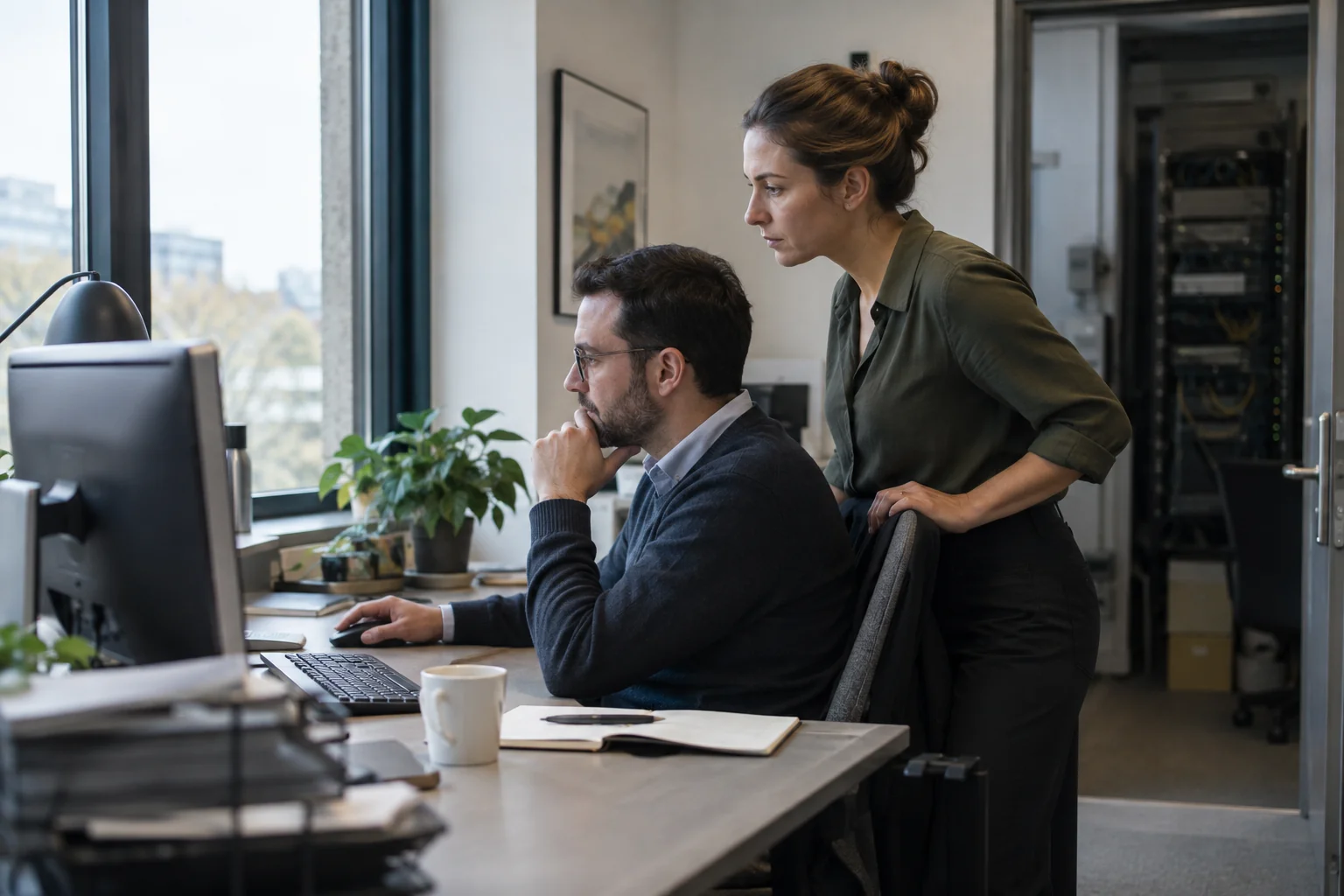 Two colleagues examine a workstation together in a bright practical office.