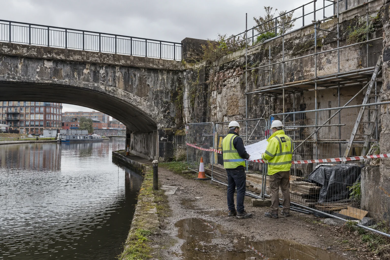 A maintenance team surveys weathered infrastructure beside a carefully marked repair area.