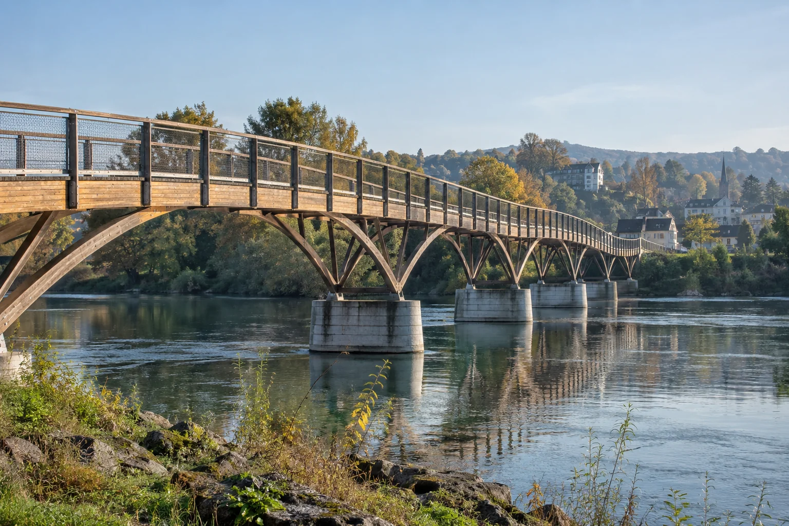 A carefully structured bridge spans calm water in soft daylight.