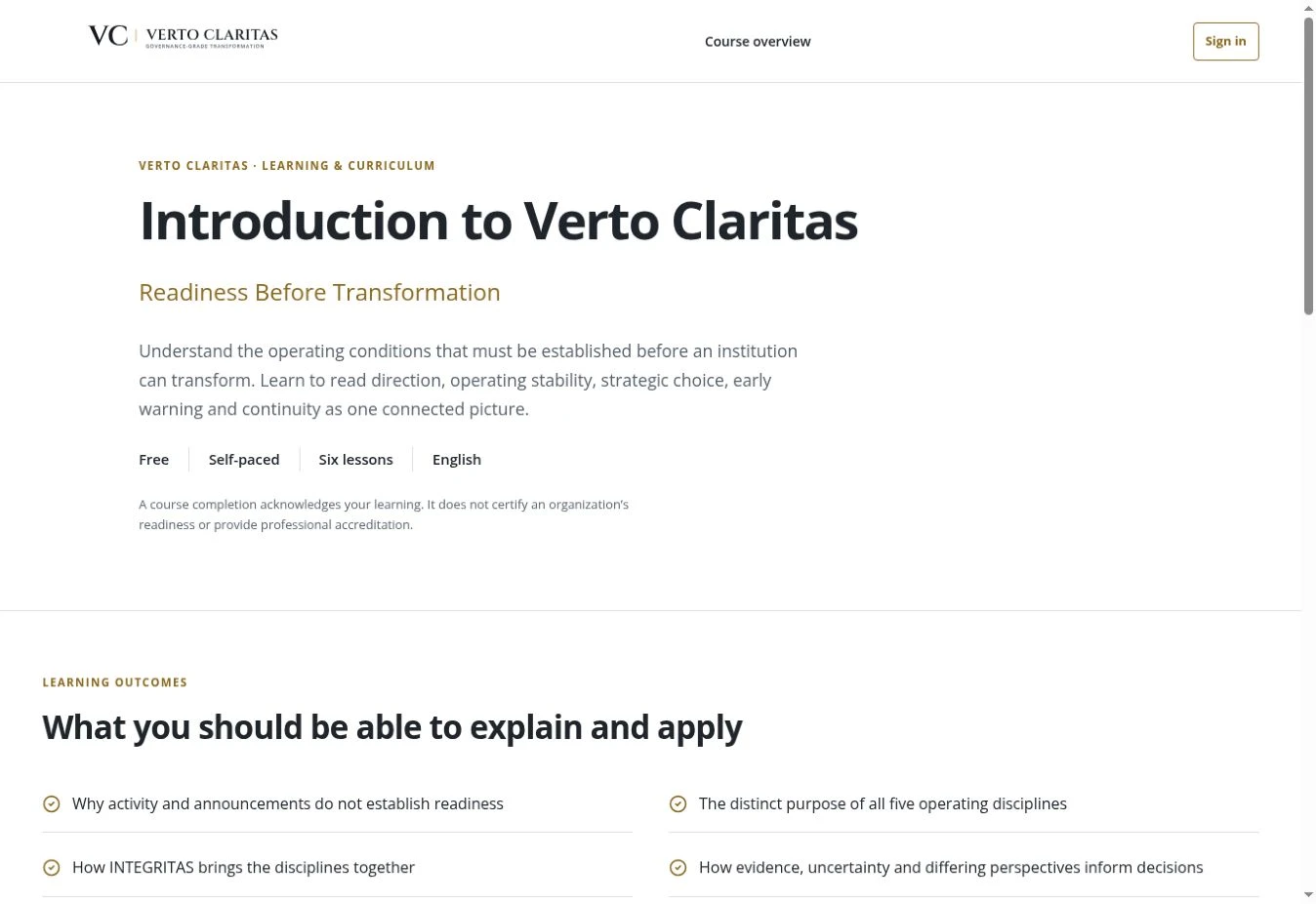 Current development interface of the free Introduction to Verto Claritas course, showing its learning outcomes and six-lesson format