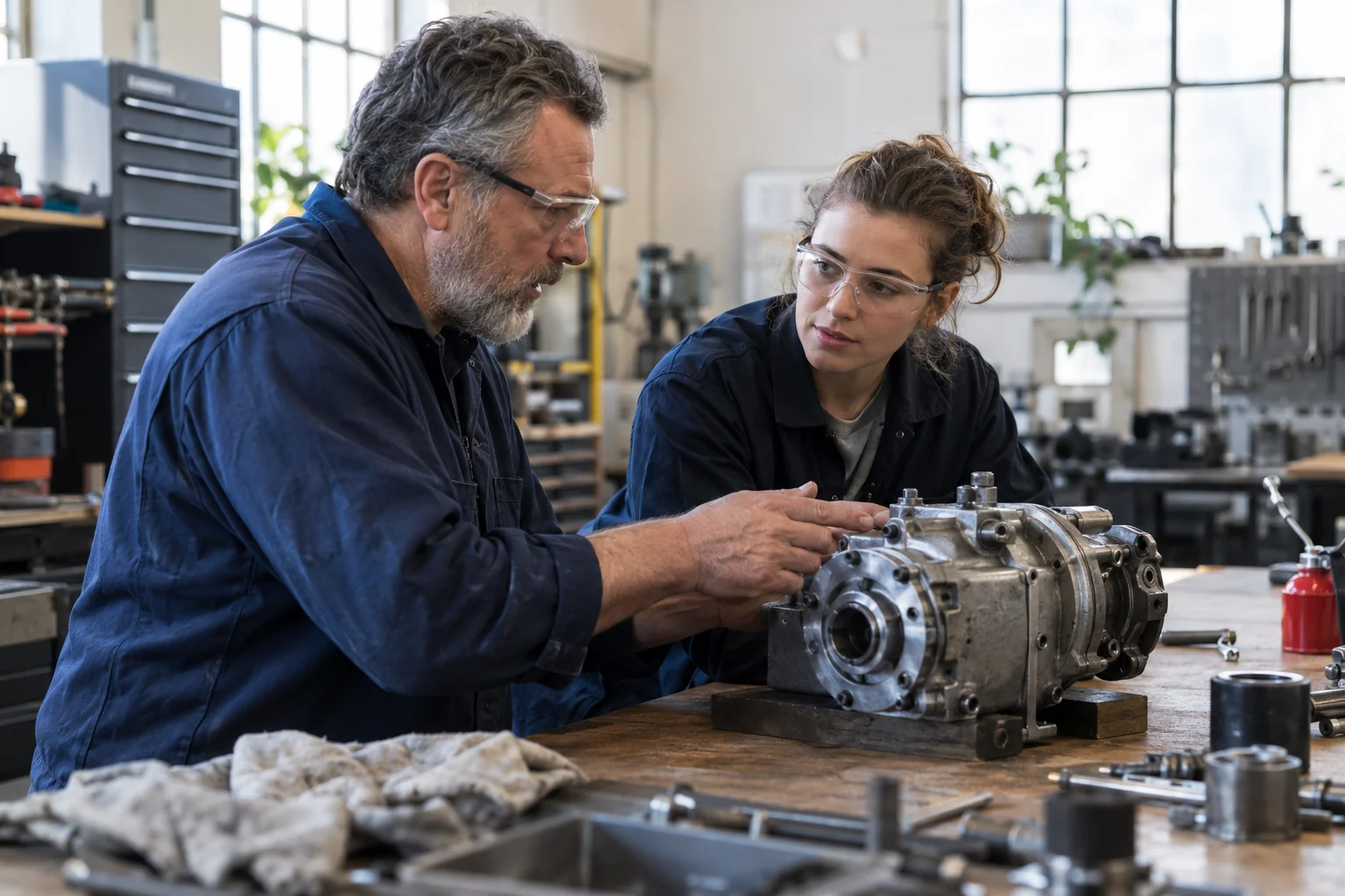 An experienced craftsperson shares practical knowledge with a younger colleague.