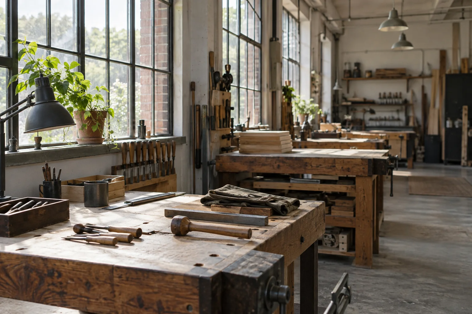 Daylight illuminates an orderly craft workshop with tools and benches ready for use.