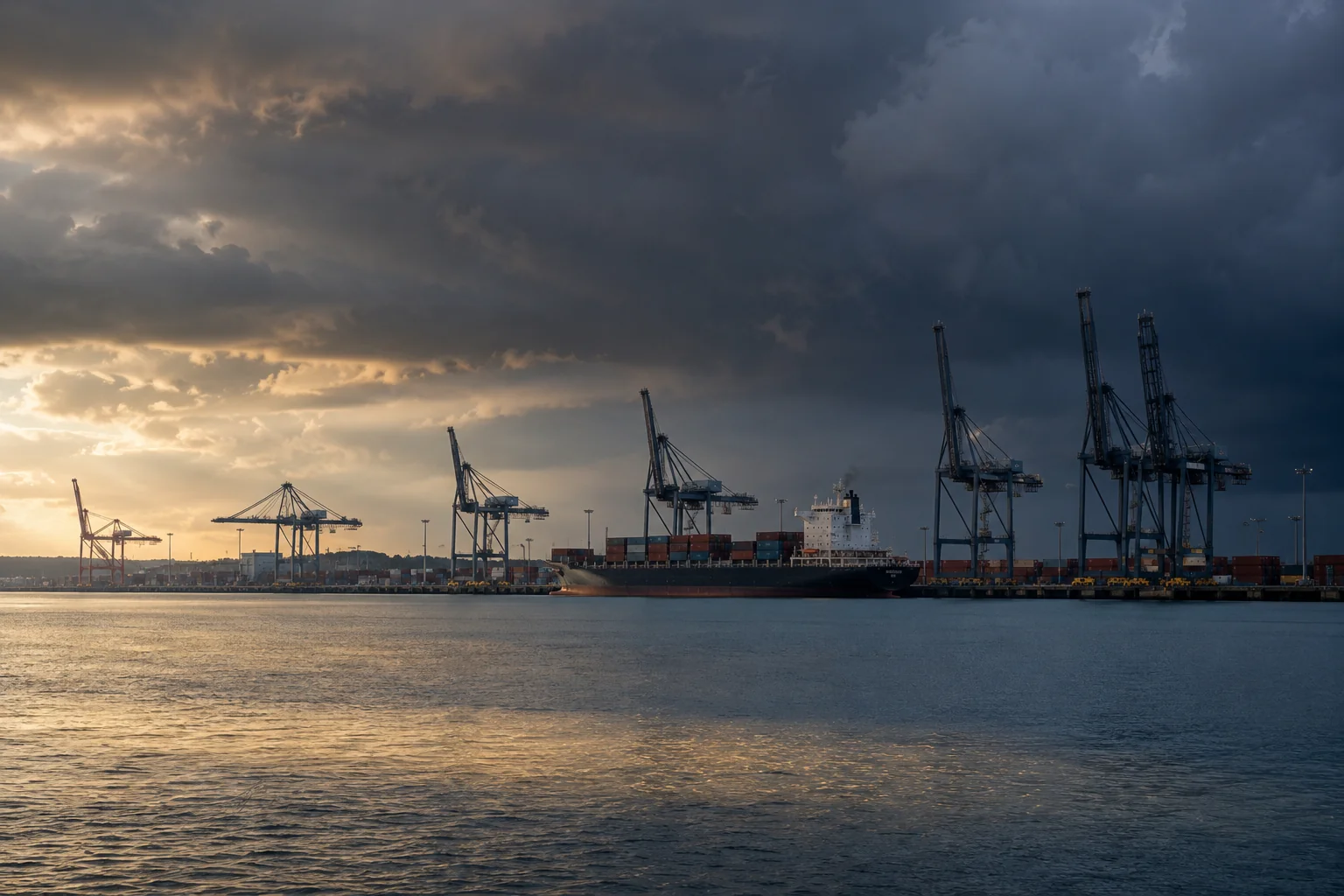 Clouds approach a working port as a band of sunlight crosses the water.