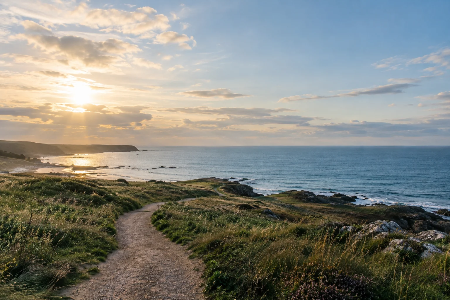 A coastal path leads toward a clear horizon in early morning light.